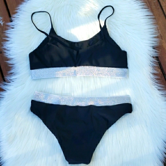 New Black Shimmering Bralette Top Bikini Set - Picture 5 of 7